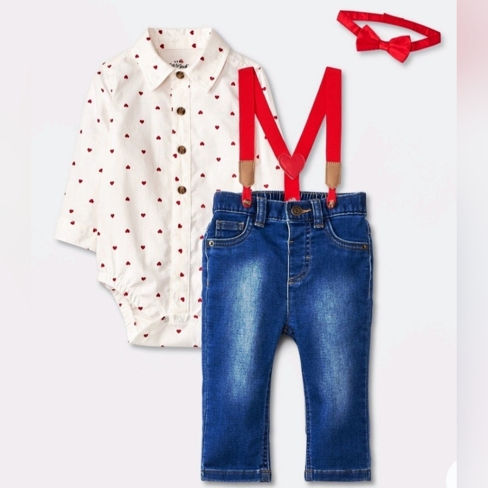 NWT baby boy Heart Printed Suspender Top & Bottom Set. Valentine's, Mother's day